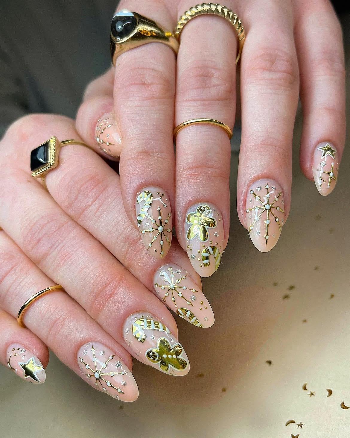 Golden Gingerbread Star Winter Nail Art