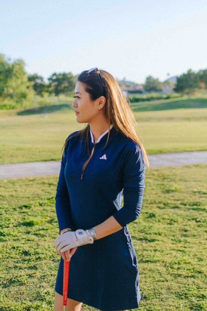 Navy Long-Sleeve Golf Dress with White Trim — Golf Outfits