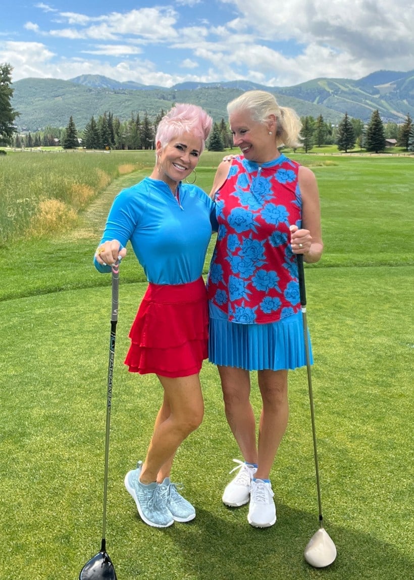 Blue Long-Sleeve Top and Red Ruffled Skirt — Golf Outfits