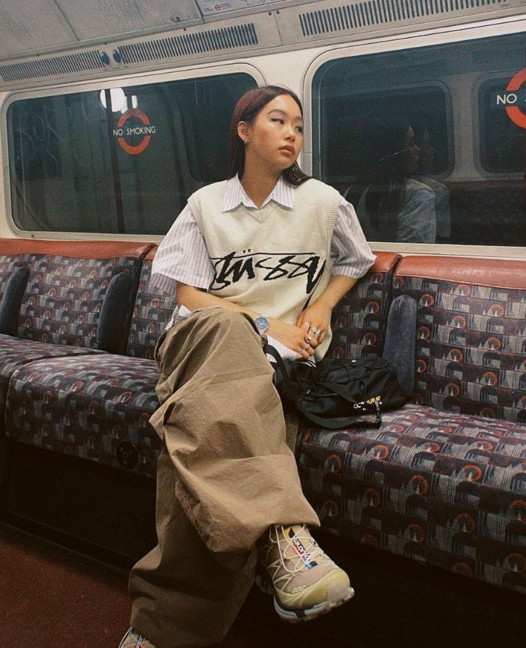 Oversized Cargo Pants with Striped Shirt and Knit Vest — Gorpcore Outfits