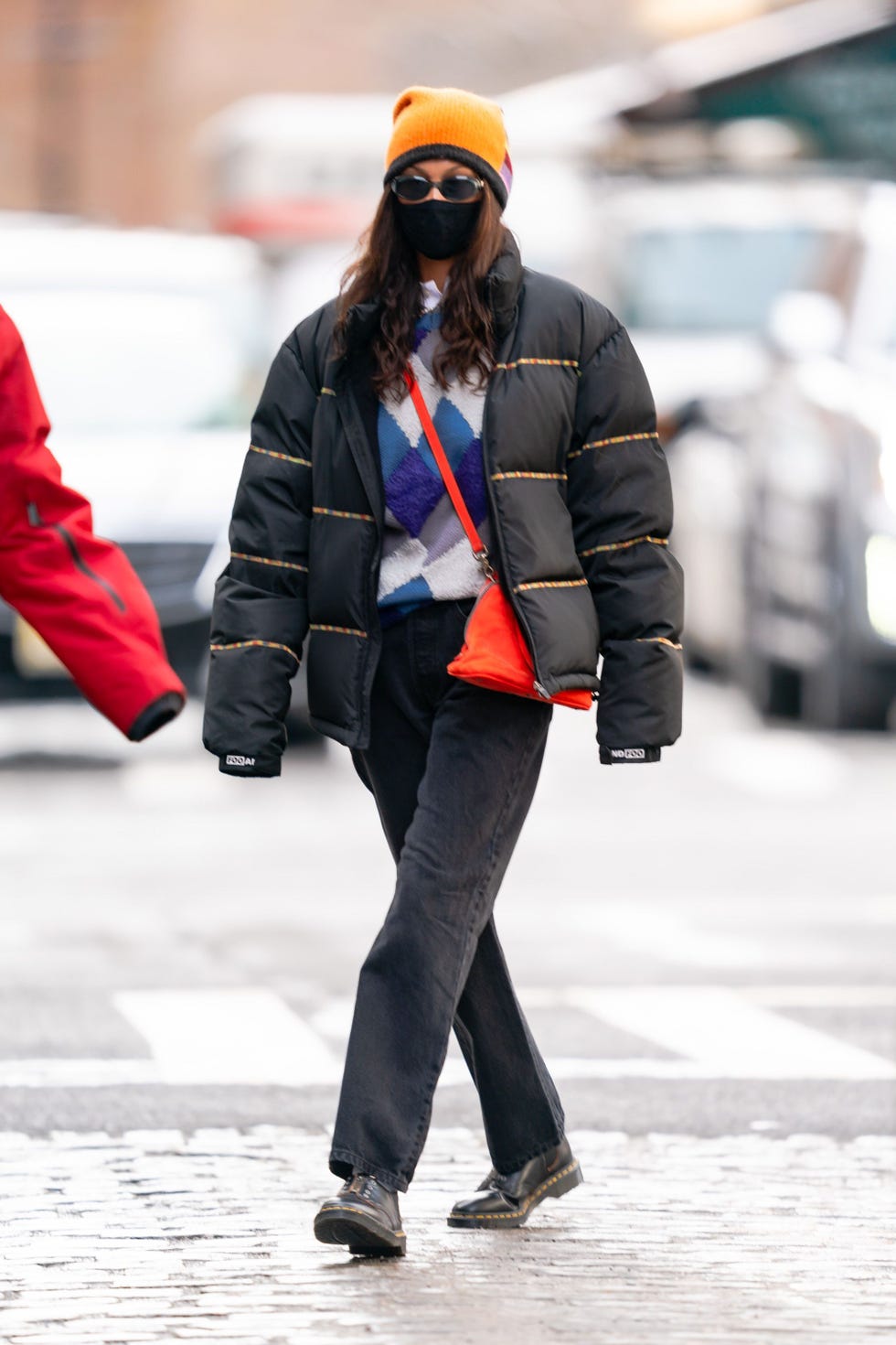 Puffer Jacket Over Argyle Sweater and Jeans — Gorpcore Outfits