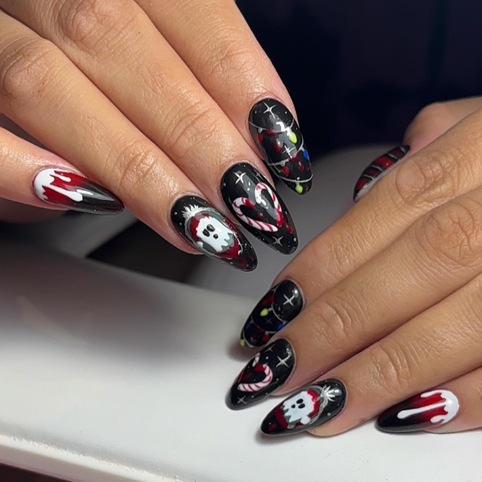 Goth Christmas Ghost & Candy Cane Almond Nails