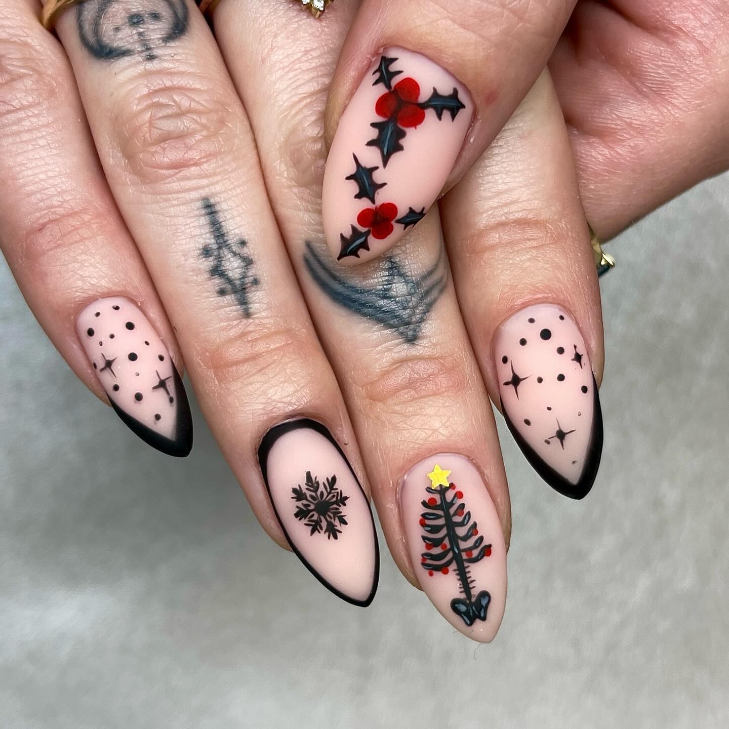 Goth Christmas Tree and Holly Almond Nails