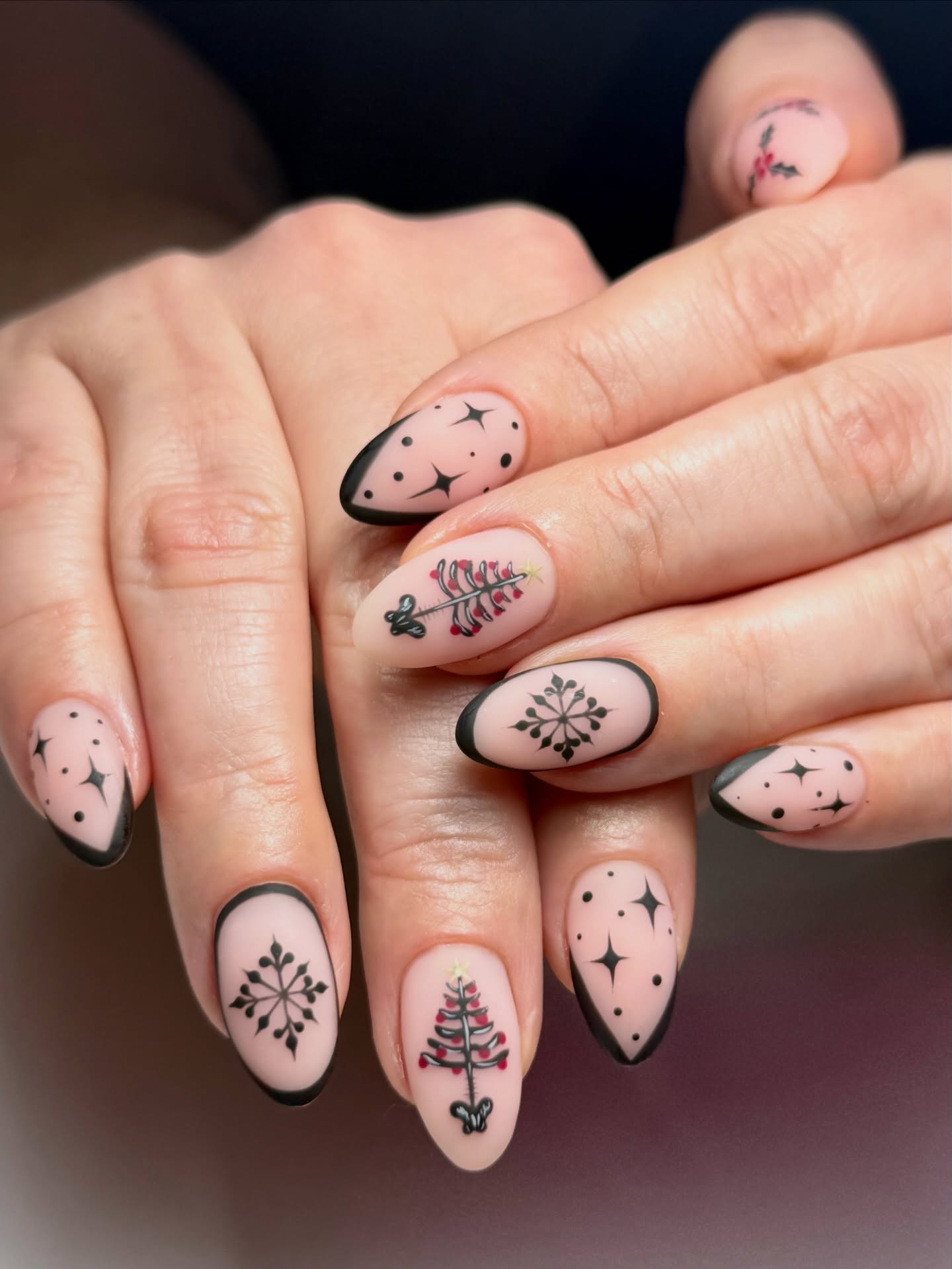 Goth Christmas Tree & Snowflake Matte Almond Nails