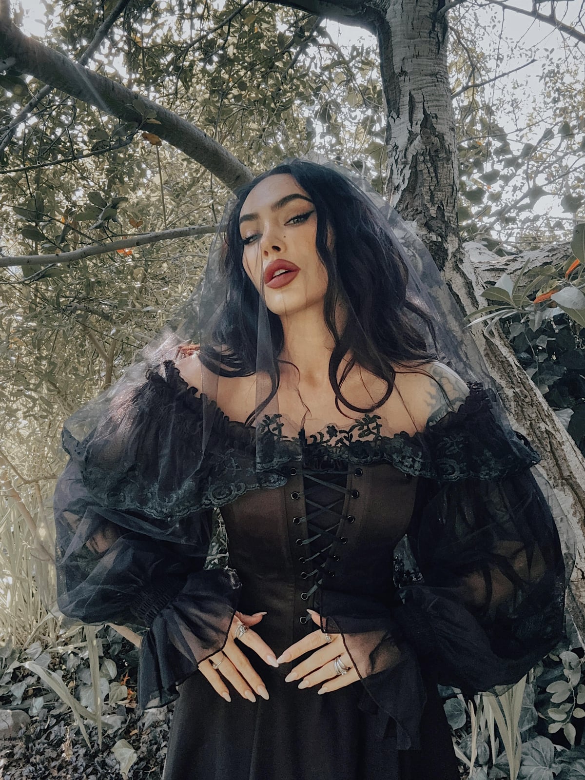 Off-Shoulder Corset Dress with Voluminous Sheer Sleeves — Goth Outfits