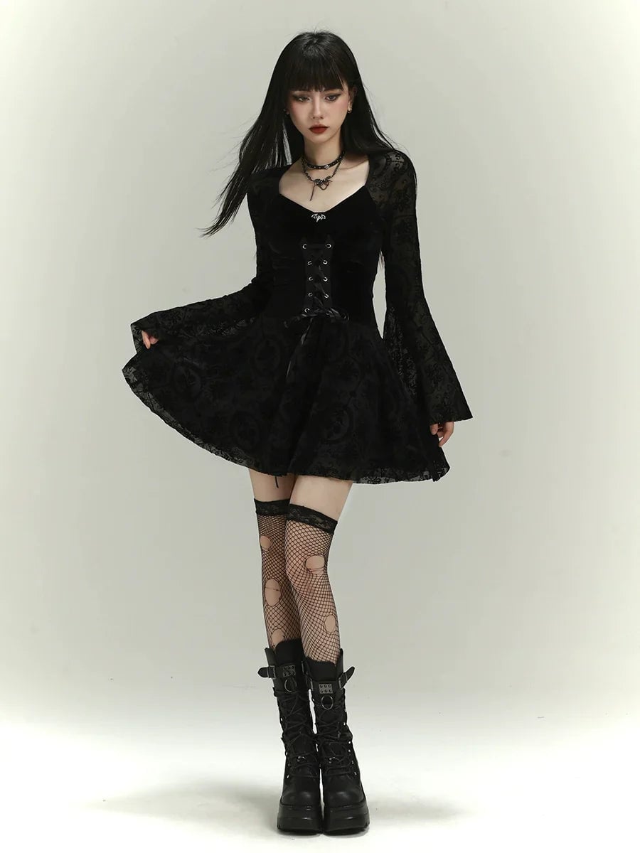 Black Lace Dress with Corset Bodice and Bell Sleeves — Goth Outfits