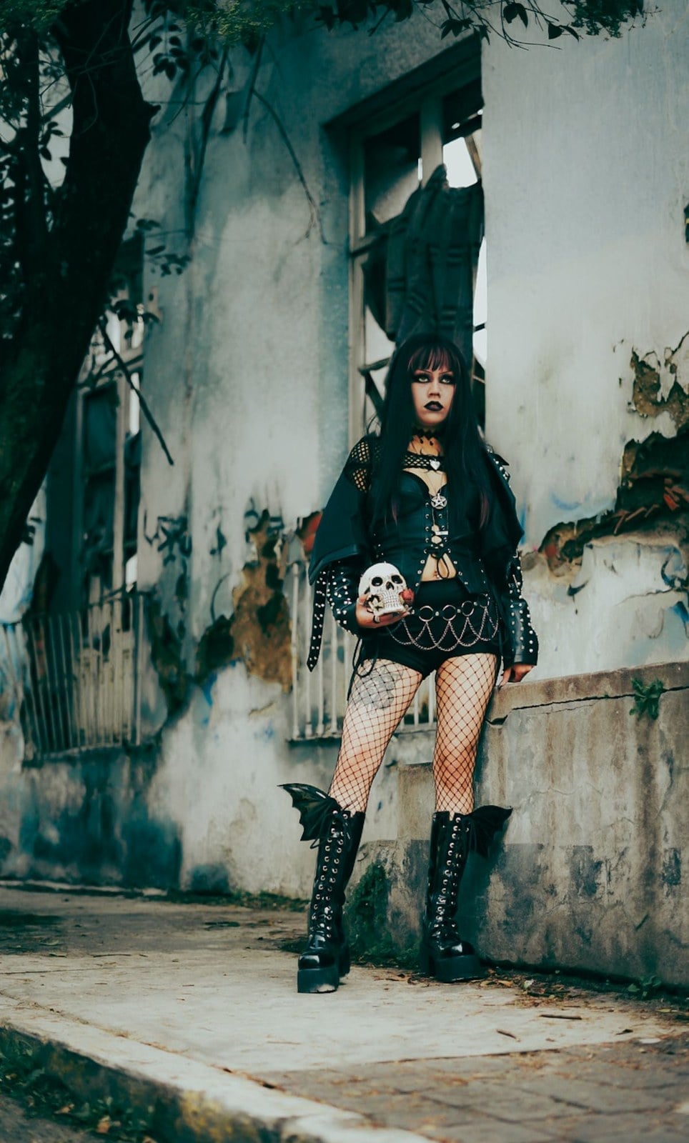Studded Leather Jacket Over Mesh Top and Shorts — Goth Outfits