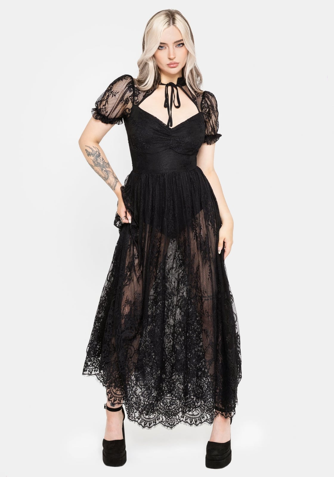 Black Lace Dress with Puff Sleeves and Sheer Overlay — Goth Outfits
