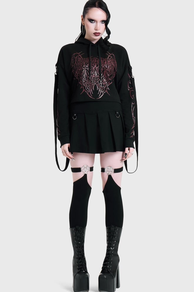 Graphic Hoodie with Pleated Skirt and Garter Straps — Goth Outfits