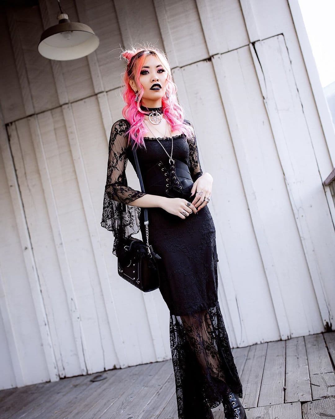 Lace Dress with Corset Detail and Bell Sleeves, Black Platform Boots — Goth Outfits