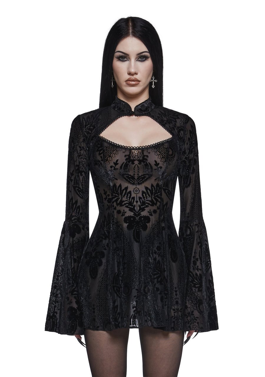 Velvet Mini Dress with Keyhole Cutout and Bell Sleeves — Goth Outfits