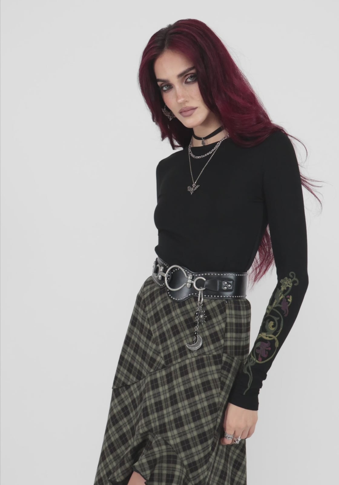 Plaid Skirt with Embroidered Sleeve Top, Close-Up Take — Goth Outfits