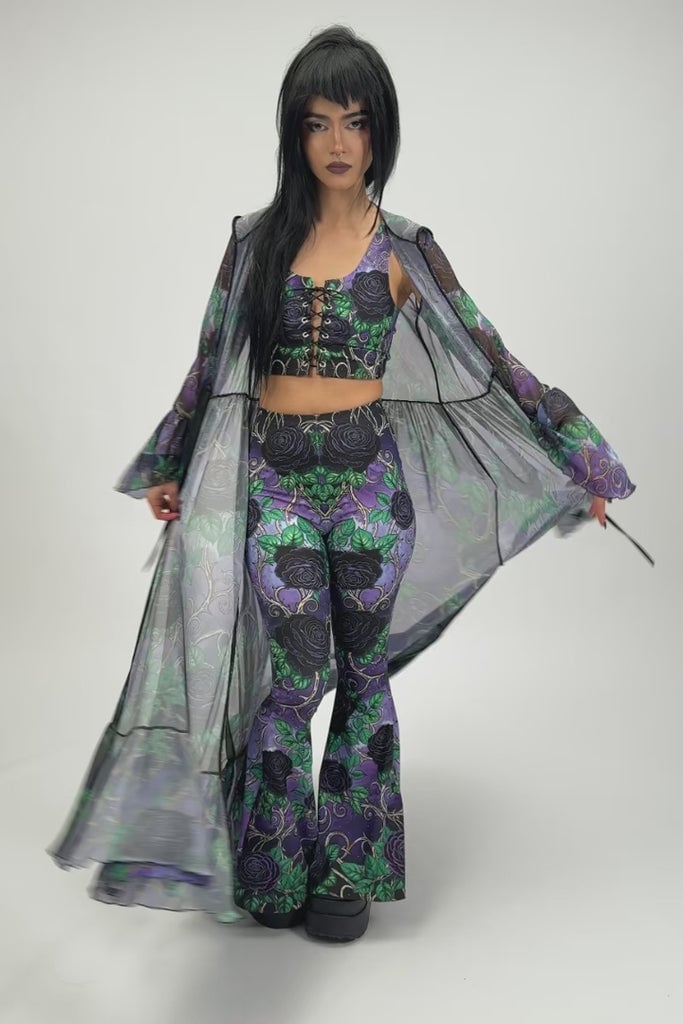 Floral Print Set with Sheer Duster Coat, Fitted Crop Top — Goth Outfits