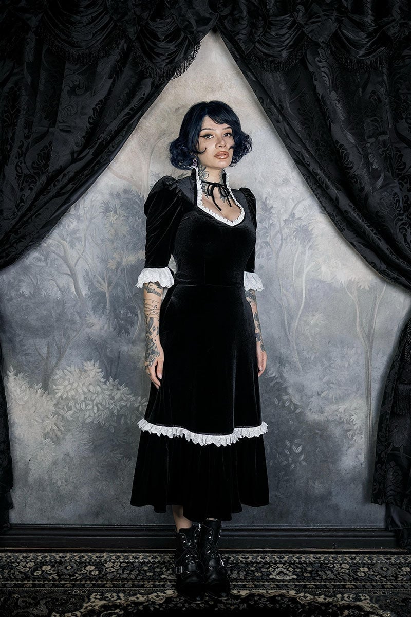 Velvet Dress with White Lace Trim and Puffed, Office-Safe Version — Goth Outfits