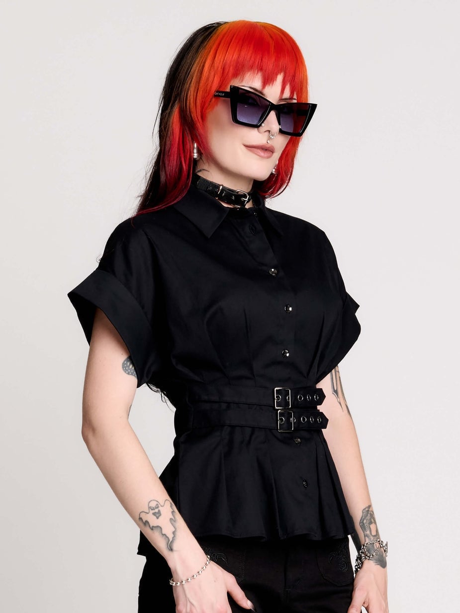 Peplum Top with Buckled Belt Detail, Close-Up Take — Goth Outfits