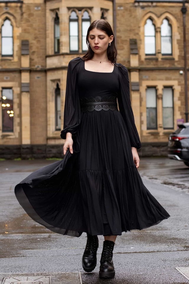 Flowing Black Dress with Lace-Trimmed Belt — Goth Outfits