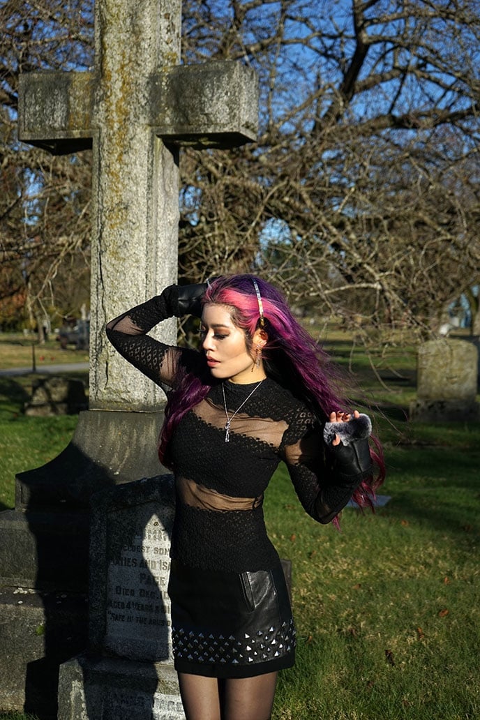 Sheer Lace Top with Textured Mini Skirt — Goth Outfits