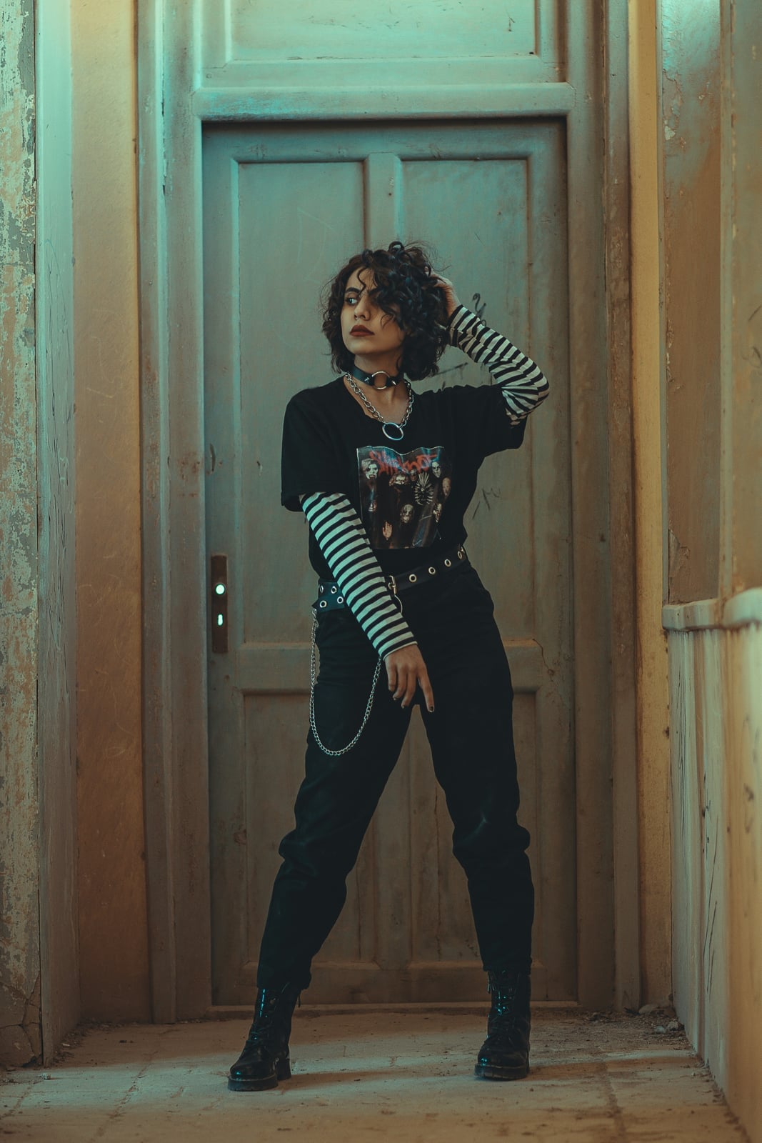 Layered Band T-Shirt with Striped Sleeves — Goth Outfits