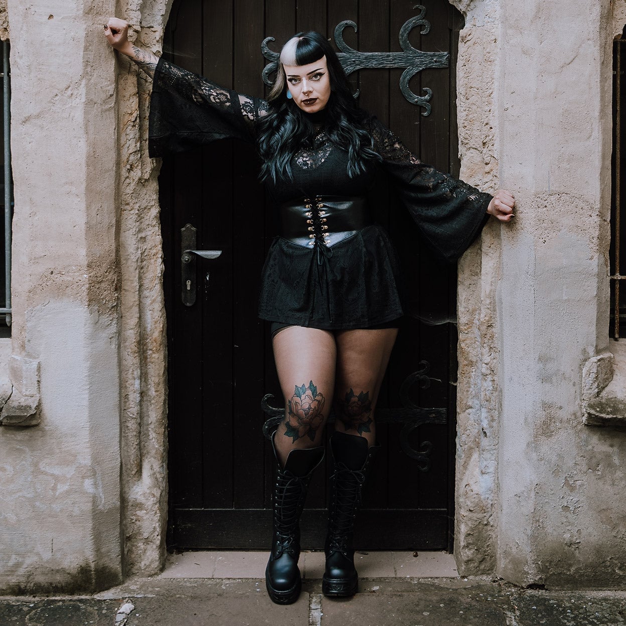 Lace Top with Wide Leather Corset Belt — Goth Outfits