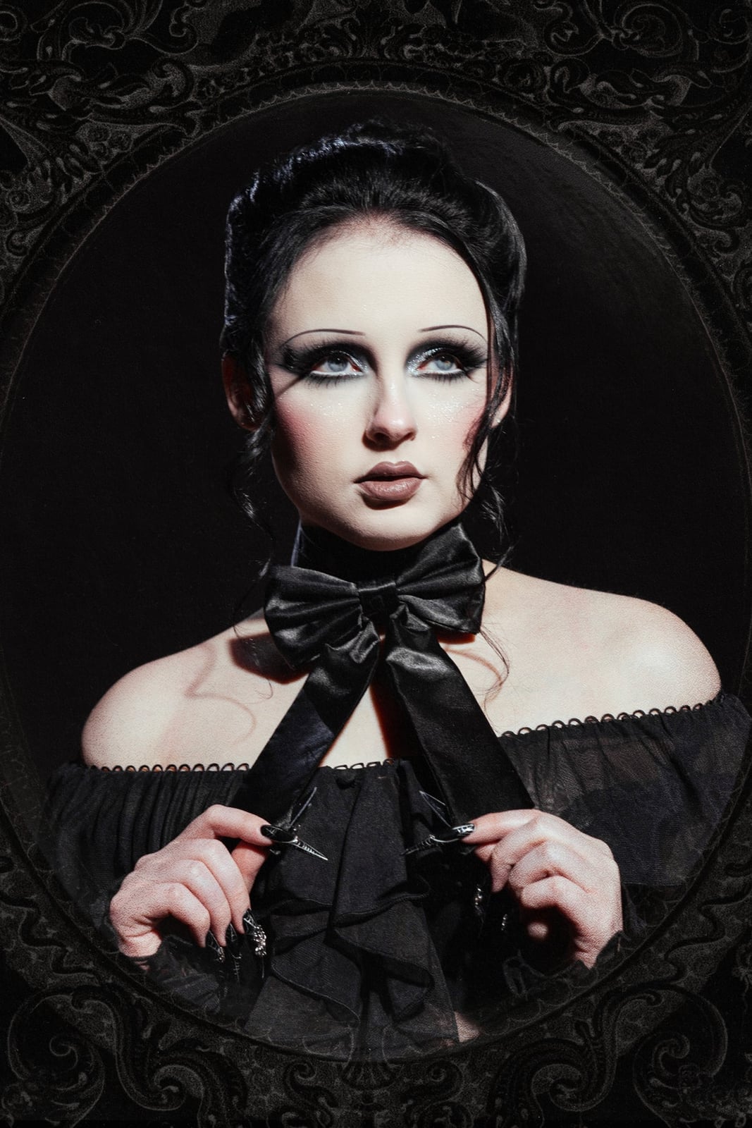 Ruffled Off-the-Shoulder Top with Satin Bow Choker — Goth Outfits