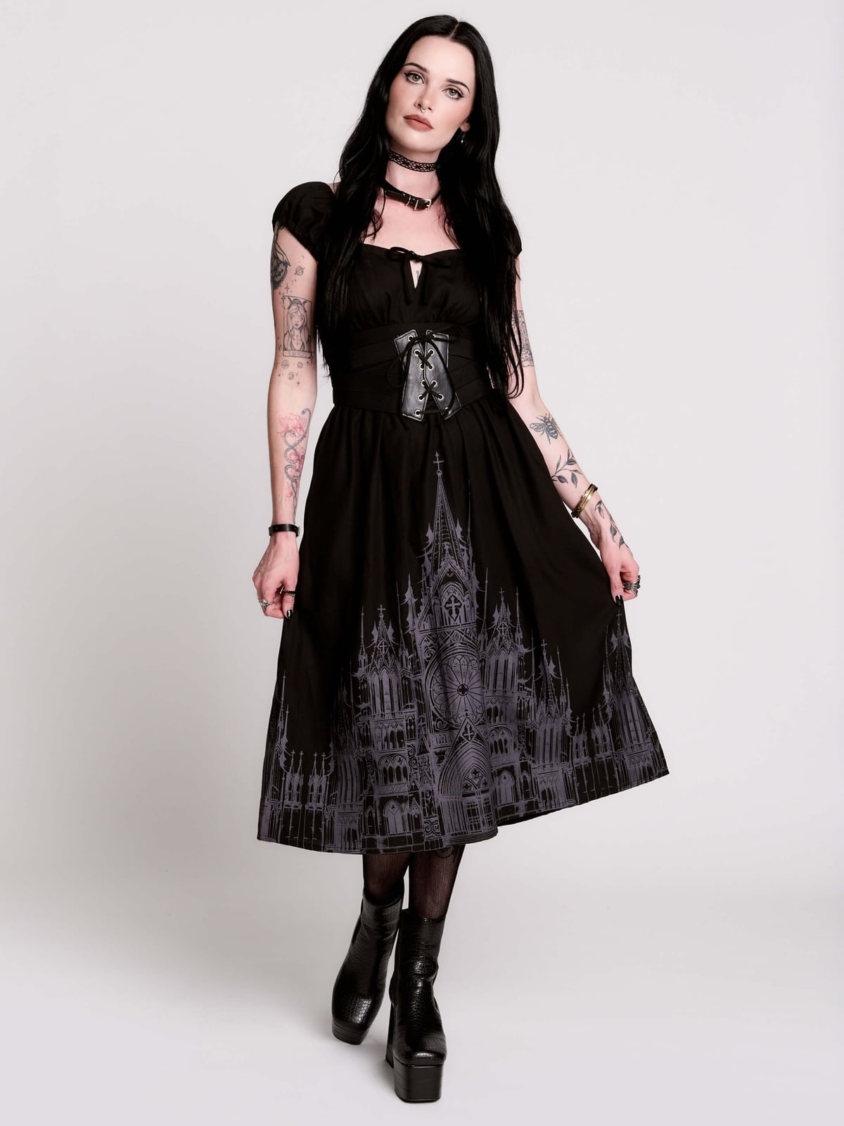 Fit and Flare Dress with Cathedral Print and Corset Detail — Goth Outfits