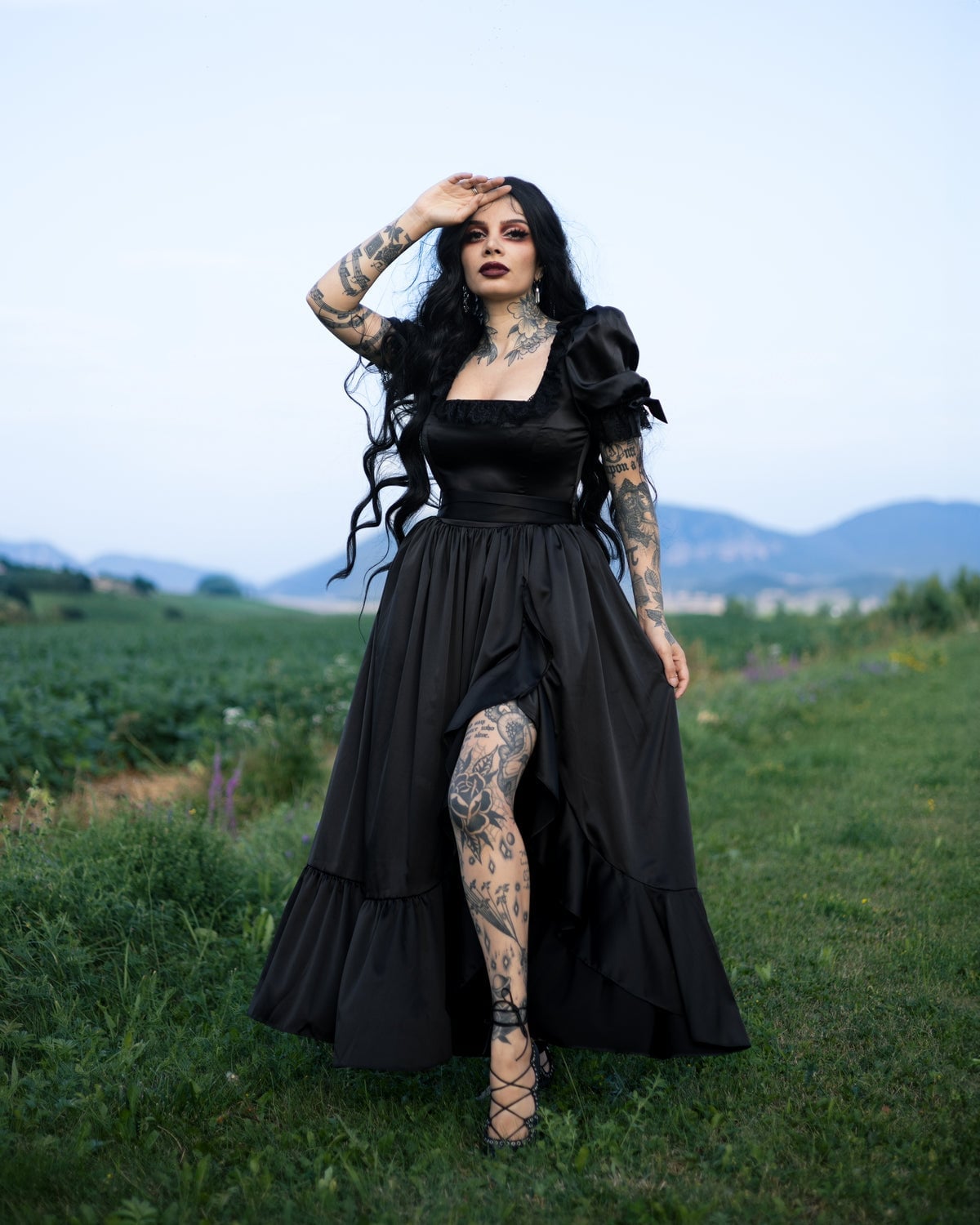 Black Gown with Square Neckline and Dramatic Puff Sleeves — Goth Outfits