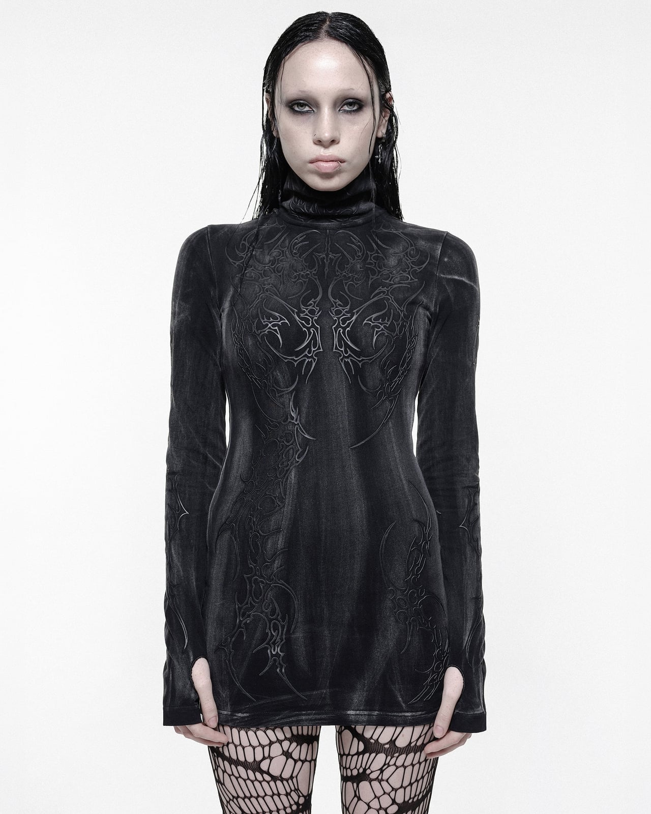 Embossed Velvet Turtleneck Dress with Thumbholes — Goth Outfits