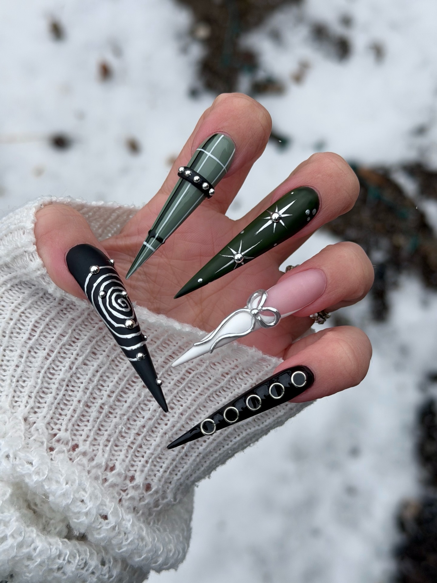 Goth Plaid and Studded Stiletto Nails