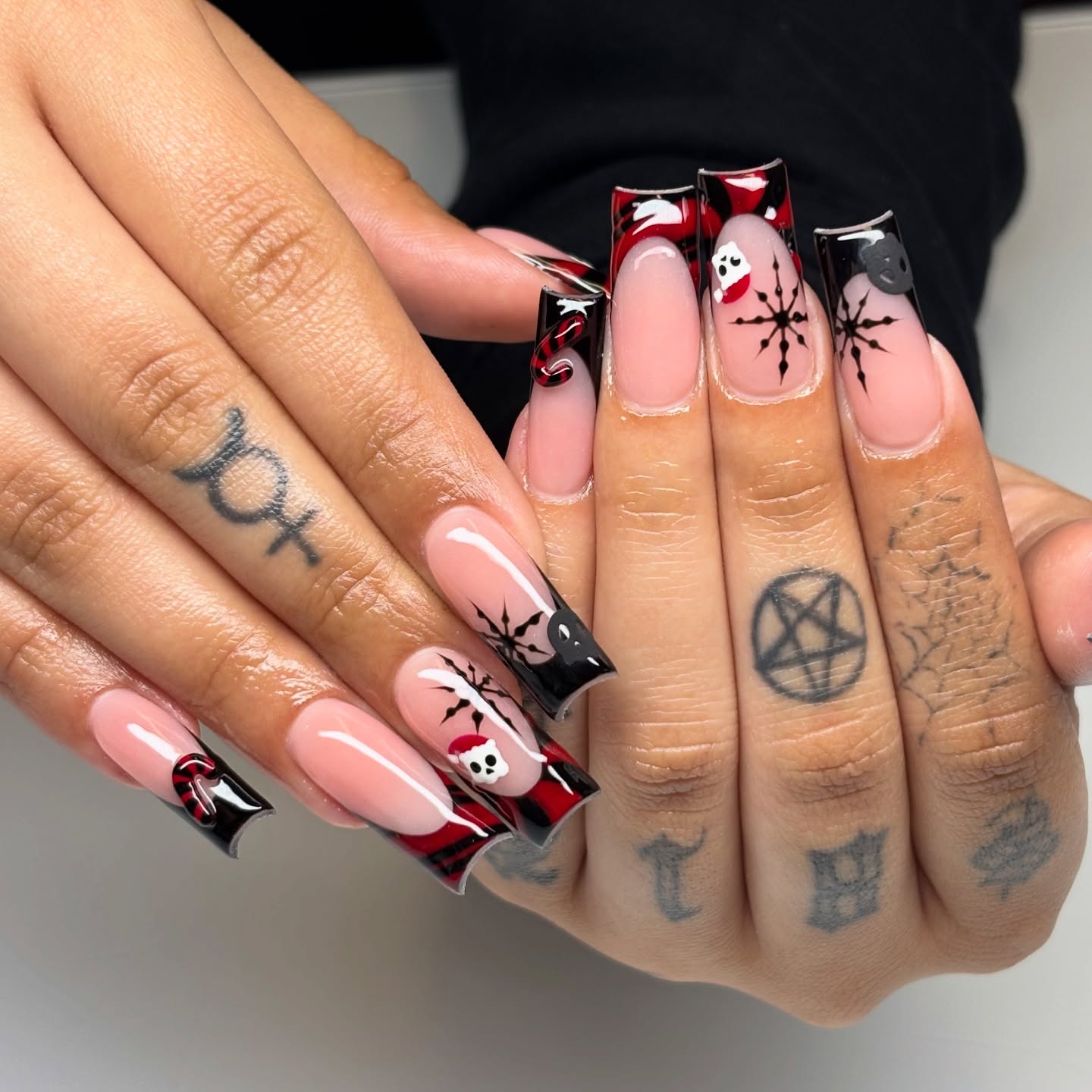 Gothic Christmas French Tip Skulls and Snowflakes