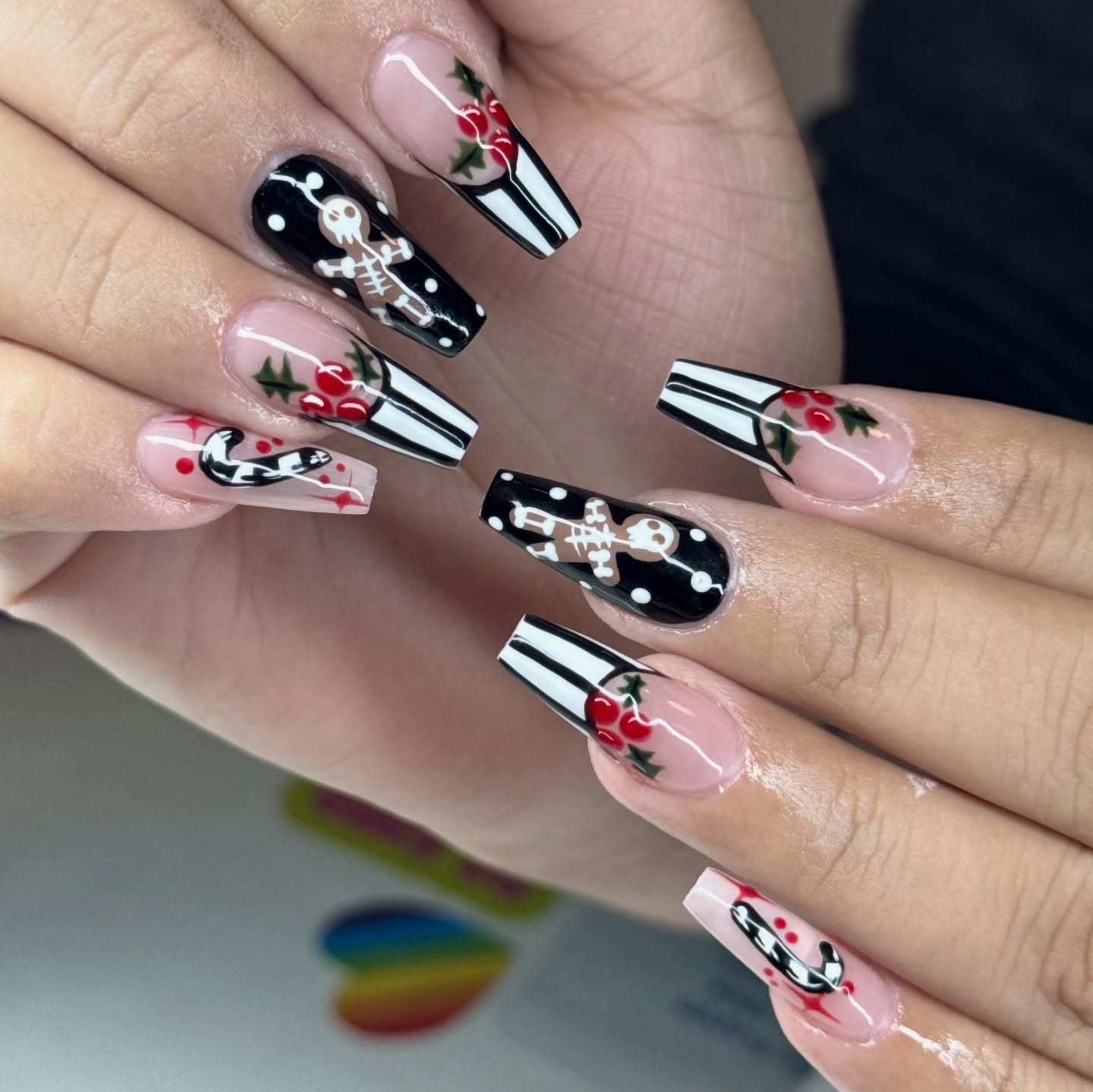 Gothic Gingerbread Man French Tip Coffin Nails