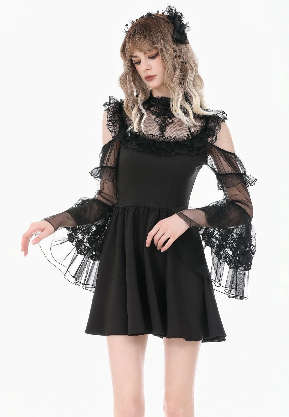 Cold Shoulder Dress with Sheer Mesh Sleeves — Gothic Outfits