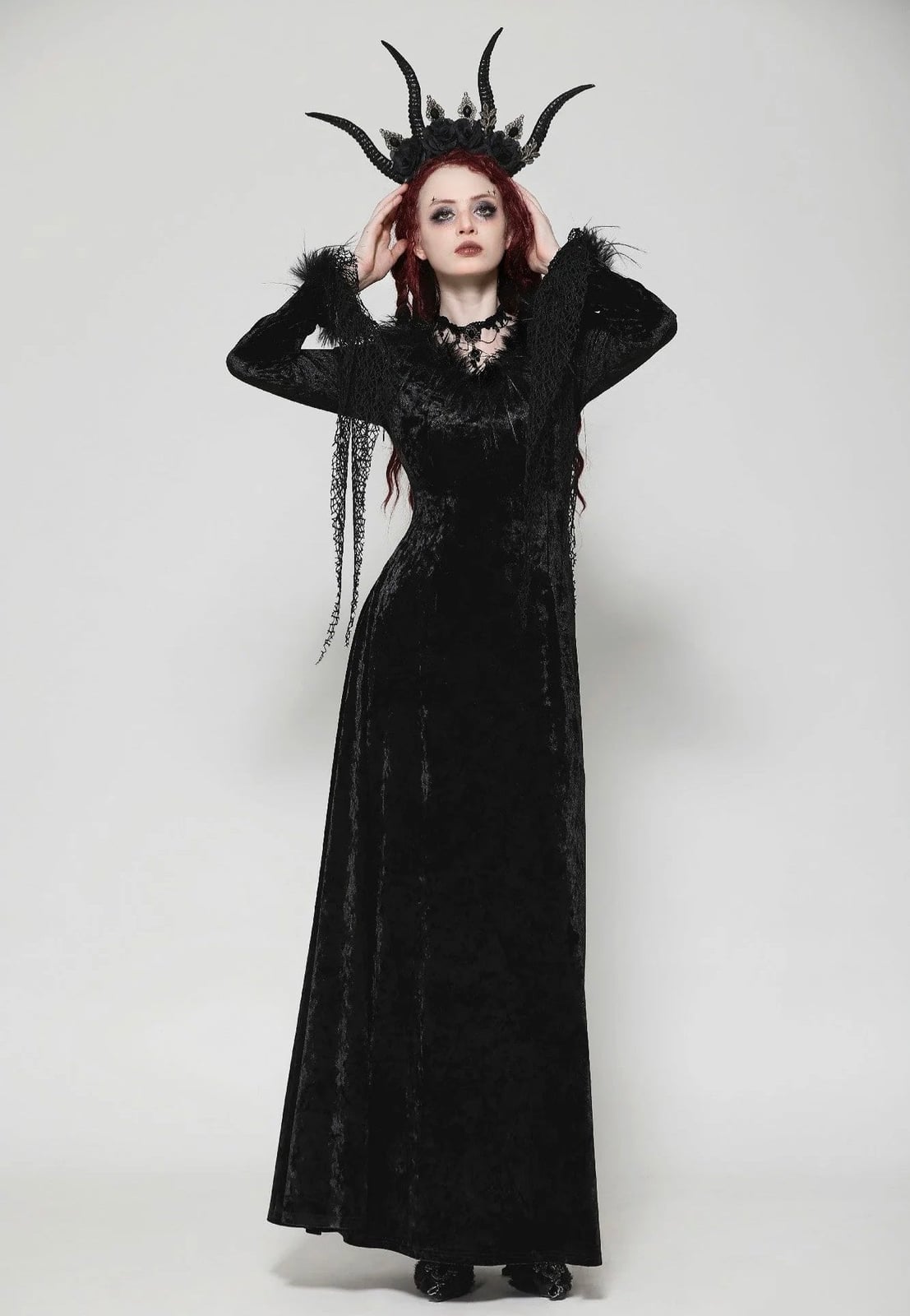 Velvet Dress with Feathered Sleeves — Gothic Outfits