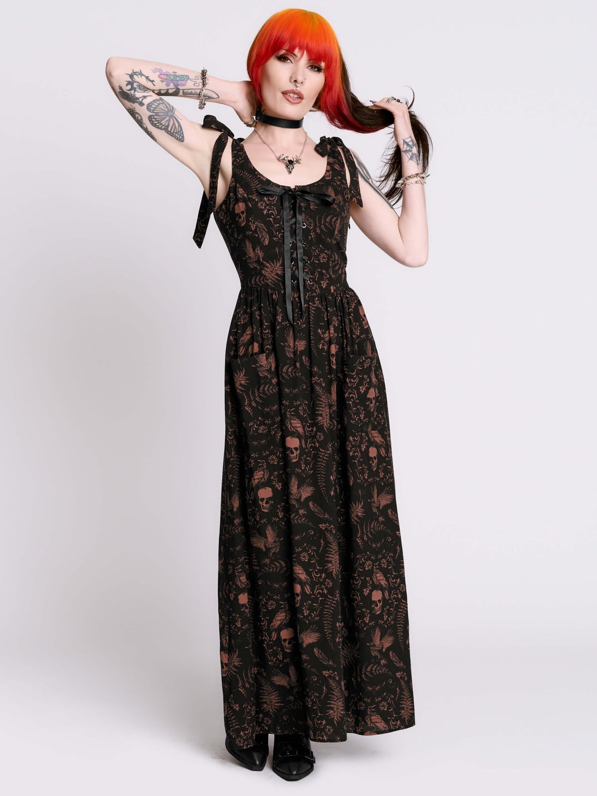 Maxi Dress with Skull and Botanical Print — Gothic Outfits