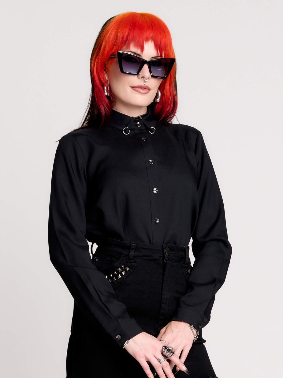 Black Button-Up Shirt with Metal Rings — Gothic Outfits