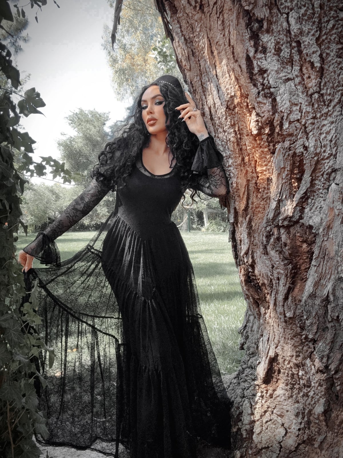 Black Lace Dress with Tiered Skirt, Long — Gothic Outfits