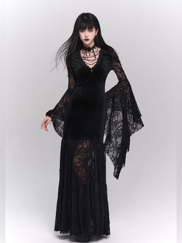 Black Velvet Dress with Lace Bell Sleeves — Gothic Outfits