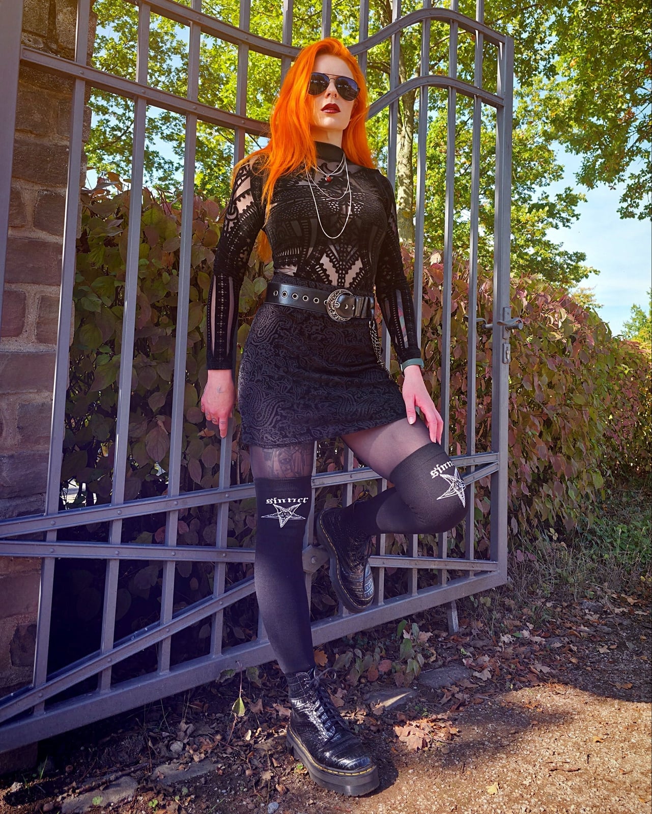 Fitted Black Lace Dress with Symbol Stockings — Gothic Outfits