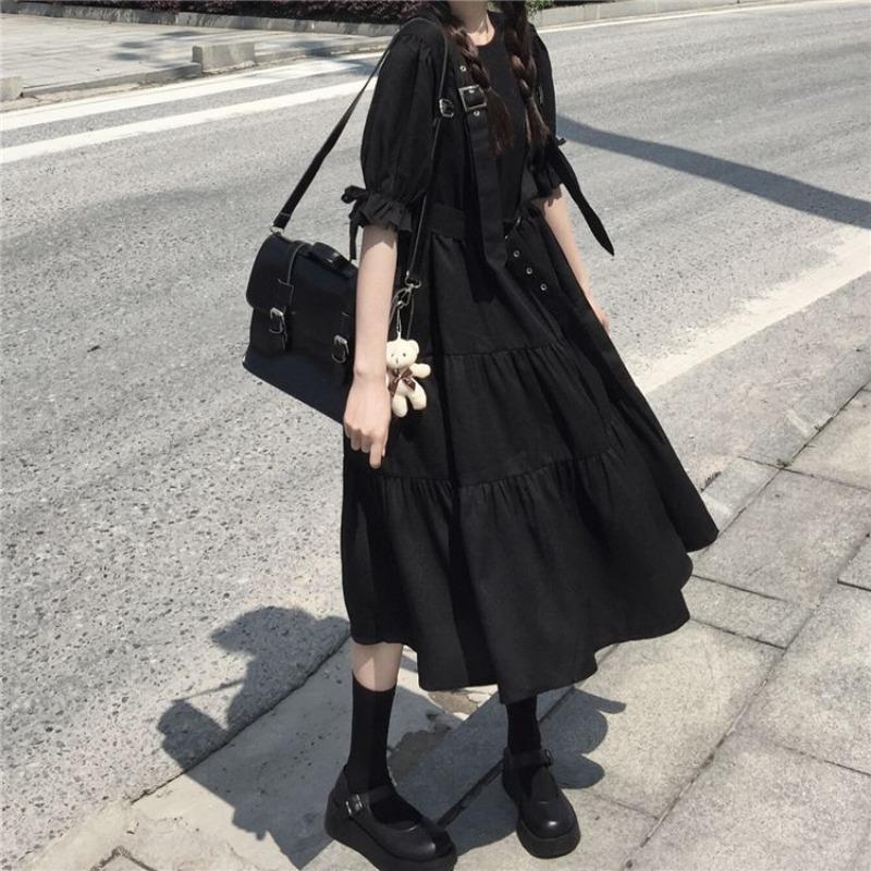 Tiered Puff Sleeve Gothic Midi Dress — Gothic Style