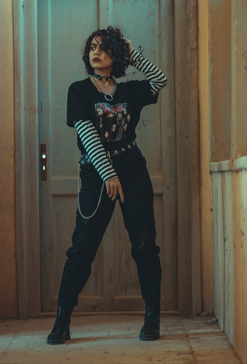 Layered T-shirt and Striped Long Sleeve Shirt — Gothic Style