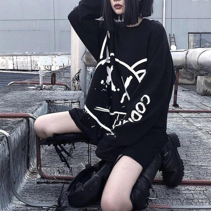 Oversized Graphic Sweatshirt and Shorts With Black Platform Boots — Gothic Style