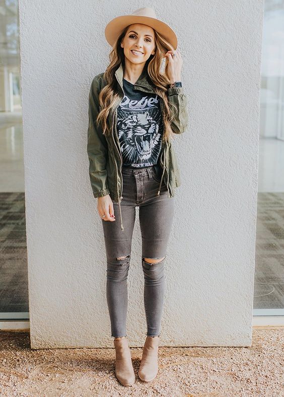 Graphic Tee Under Utility Jacket with Slim Jeans — Graphic Tee Outfits