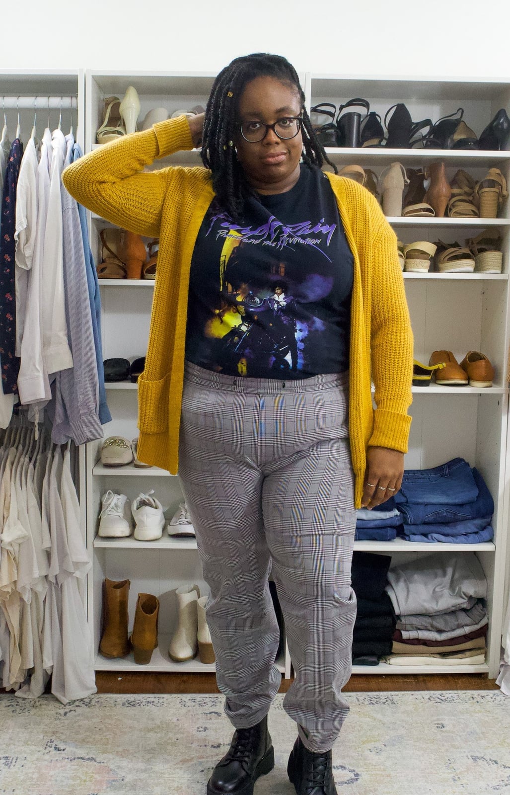 Graphic Tee with Plaid Pants and Yellow Cardigan — Graphic Tee Outfits