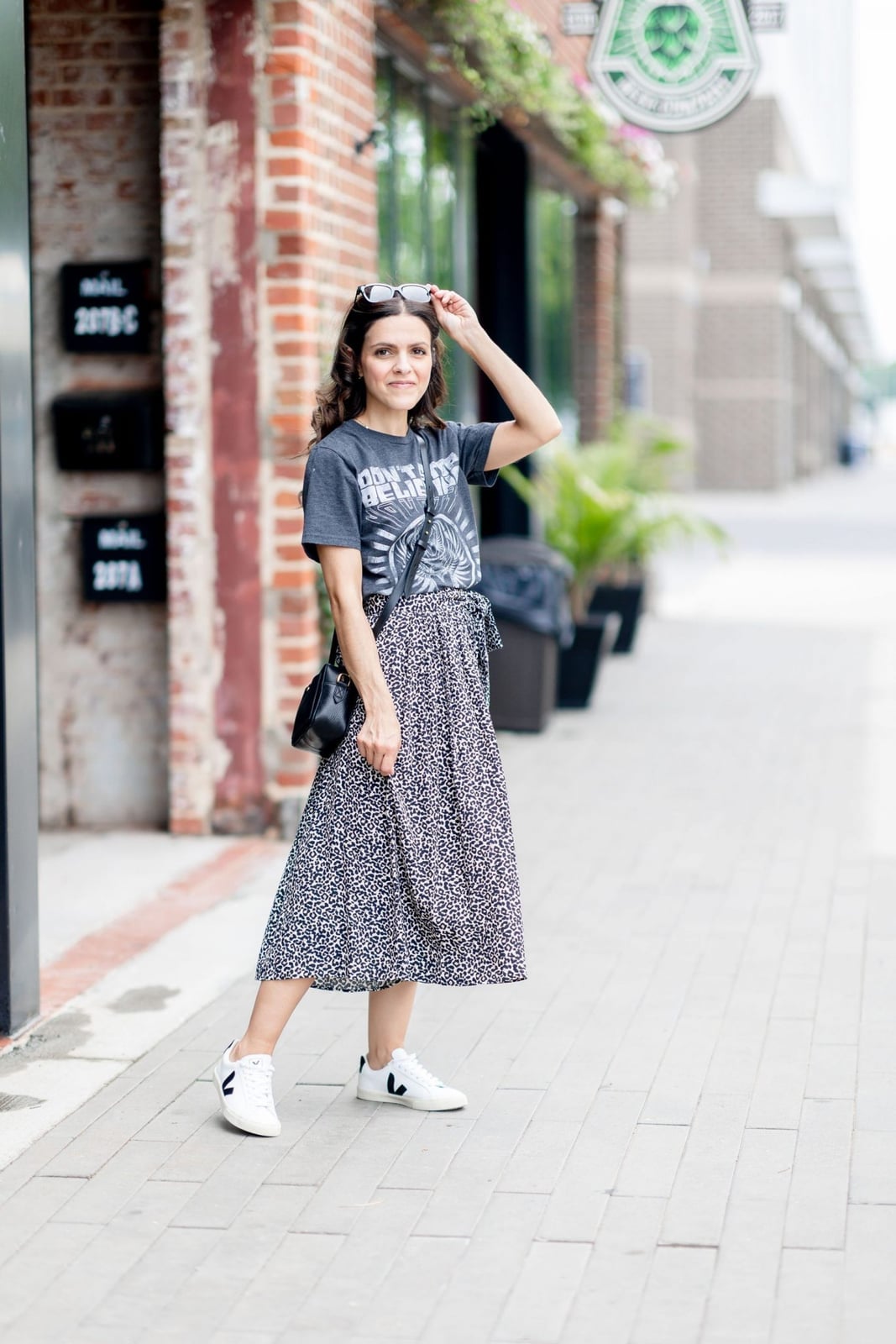 Graphic Tee with Patterned Midi Skirt and Sneakers — Graphic Tee Outfits