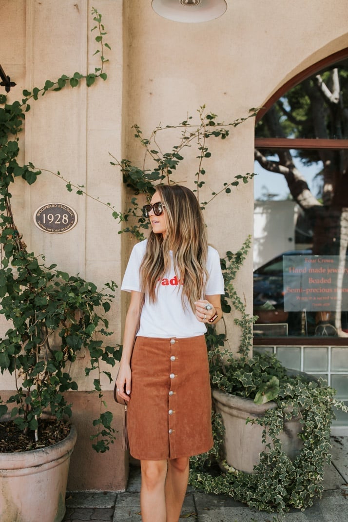 Graphic Tee with Corduroy Button-Front Skirt — Graphic Tee Outfits