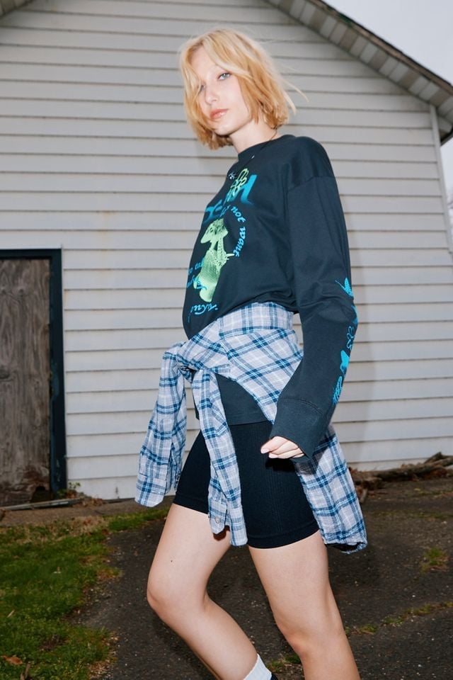 Long Sleeve Graphic Tee with Plaid Shirt Tied at Waist — Graphic Tee Outfits