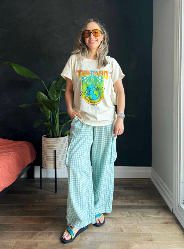 Vintage Band Tee with Gingham Pants — Graphic Tee Outfits