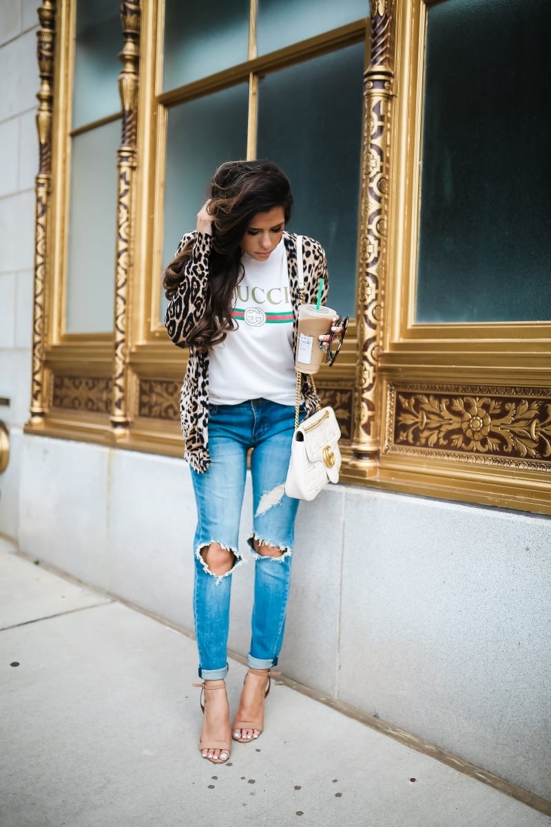 Graphic Tee Under Leopard Cardigan with Ripped Jeans, Close-Up Take — Graphic Tee Outfits
