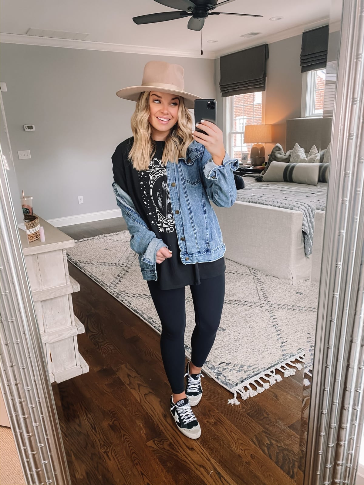 Graphic Tee Under Denim Jacket with Leggings — Graphic Tee Outfits