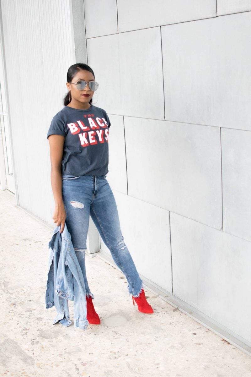 Graphic Tee with Distressed Jeans and Red Boots — Graphic Tee Outfits
