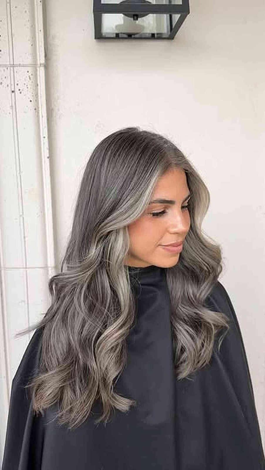 Mid-Back Gray With Silvery Highlights and Face-Framing Bangs — Gray Blending